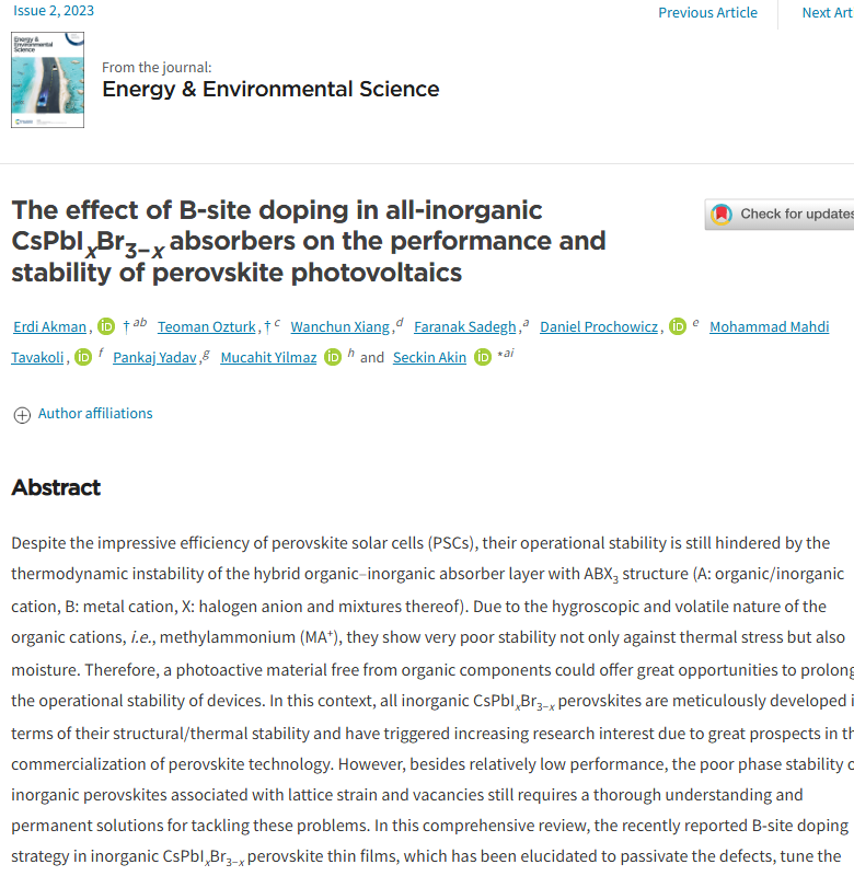 The effect of B-site doping in all-inorganic CsPbIxBr3−x absorbers on the performance and stability of perovskite photovoltaics