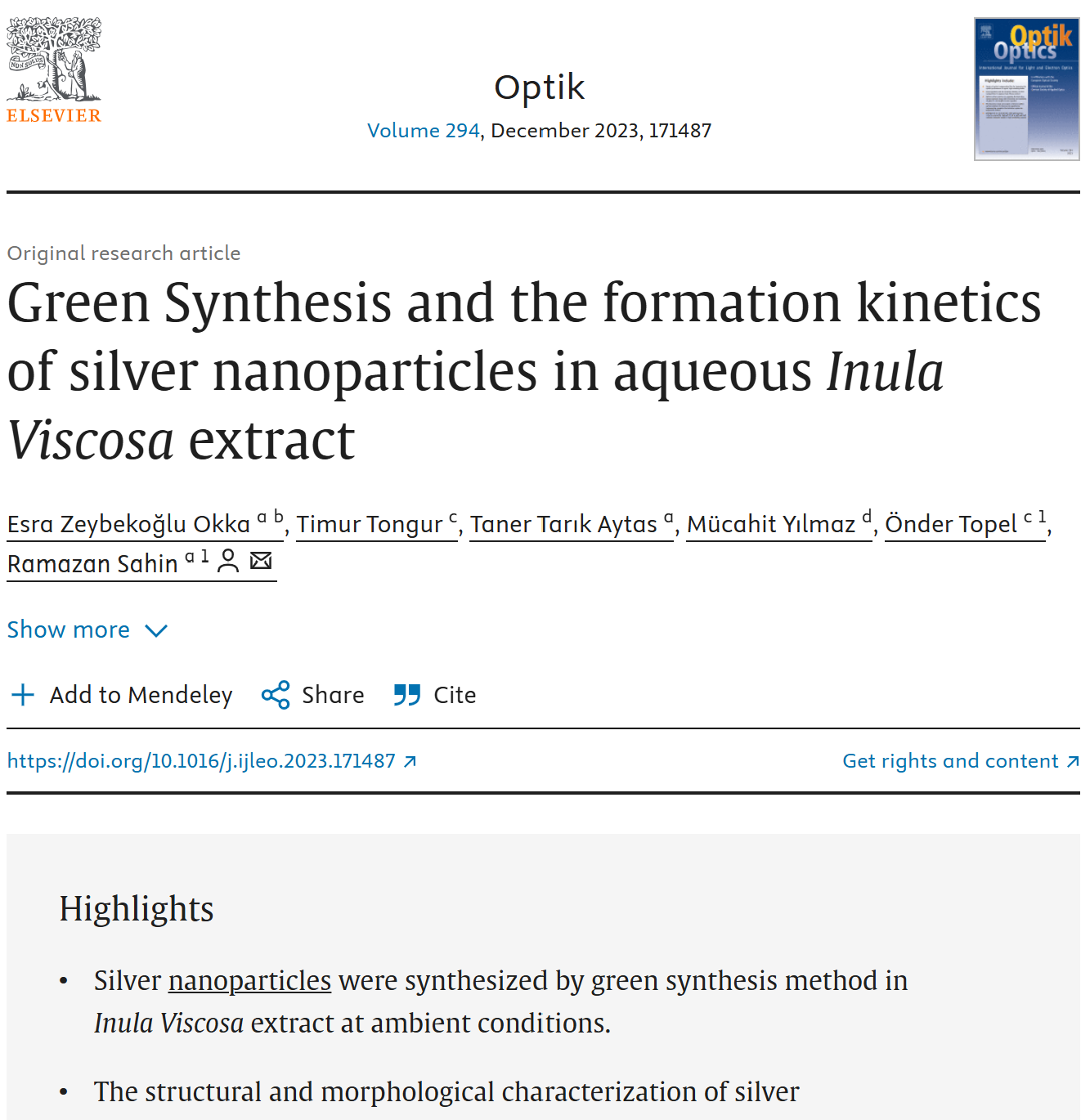Green Synthesis and the formation kinetics of silver nanoparticles in aqueous Inula Viscosa extract