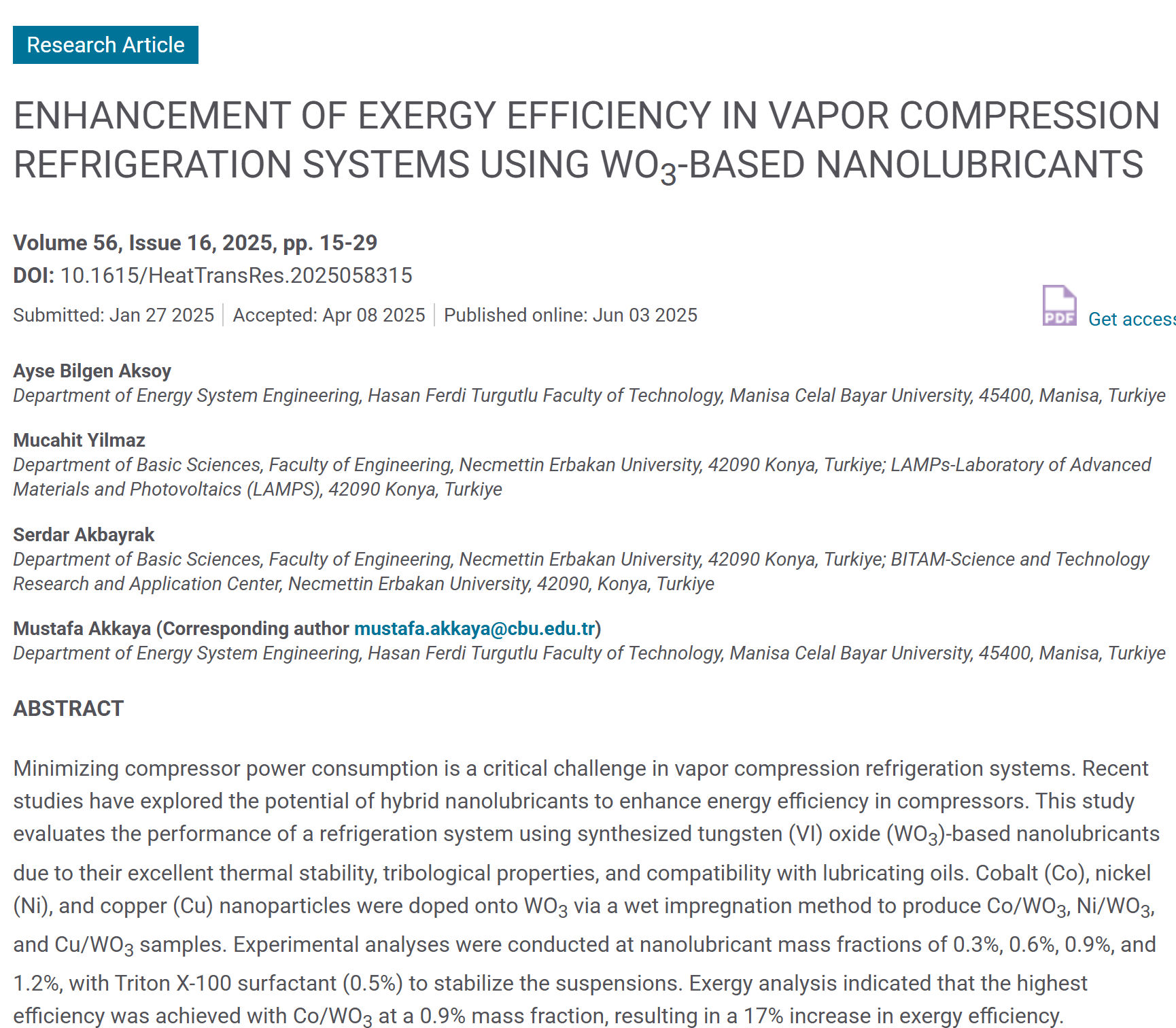 Enhancement of exergy efficiency in vapor compression refrigeration systems using WO3-based nanolubricants